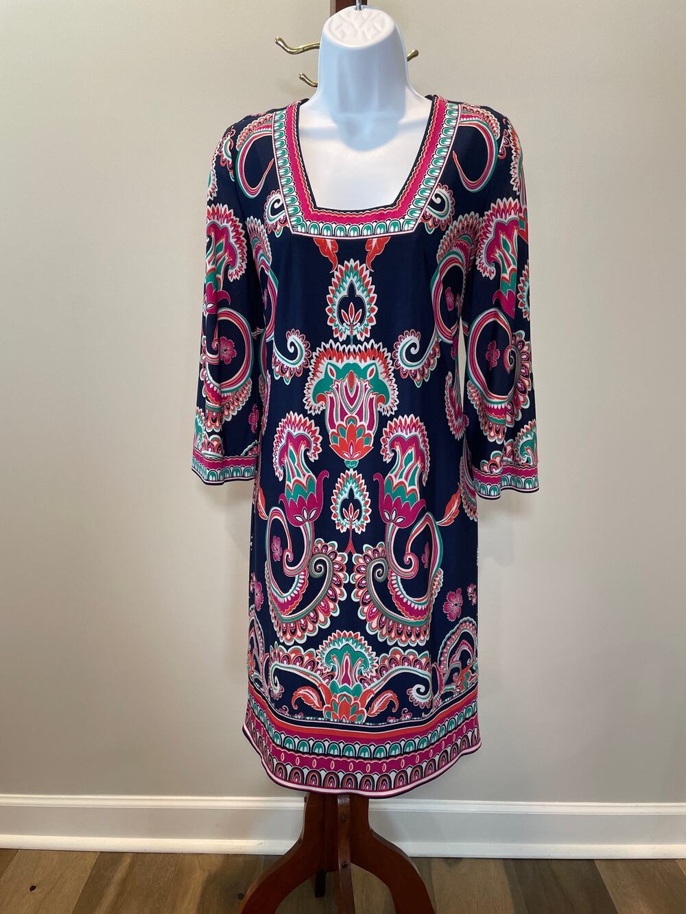 Laundry by Shelli Segal 4 Navy Boho Floral Shift Dress Long Sleeve Fully Lined